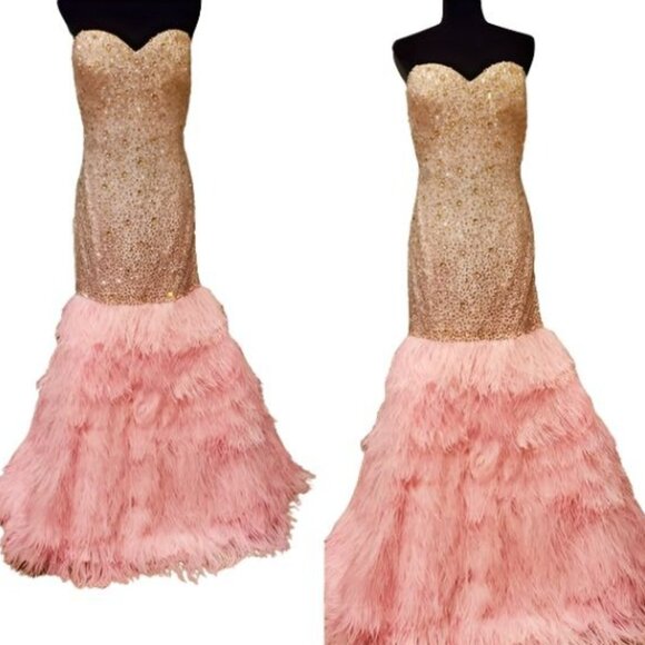 Couture Luxurious Ostrich Feathers Designer Embroidery Evening Prom Gown Dress - Picture 9 of 16